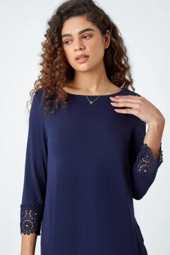 Roman Navy Plain Lace Trim Stretch Top