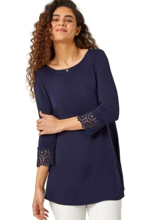 Roman Navy Plain Lace Trim Stretch Top