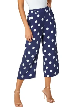 Roman Navy Polka Dot Elastic Waist Culotte Trousers