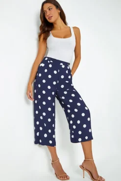 Roman Navy Polka Dot Elastic Waist Culotte Trousers