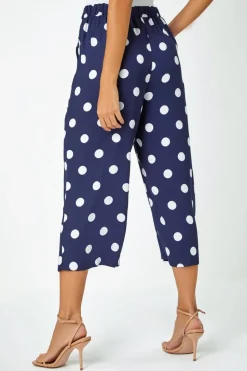 Roman Navy Polka Dot Elastic Waist Culotte Trousers