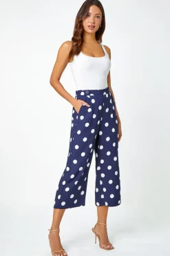 Roman Navy Polka Dot Elastic Waist Culotte Trousers