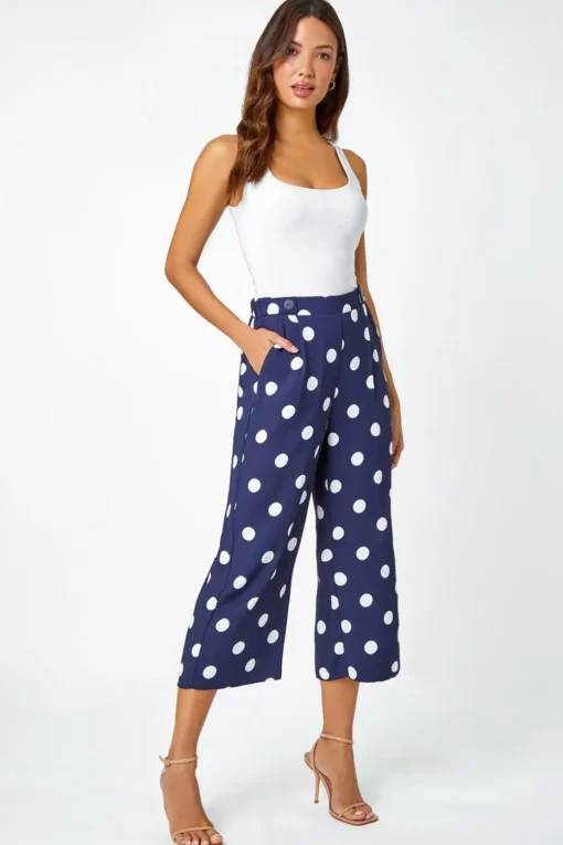 Roman Navy Polka Dot Elastic Waist Culotte Trousers