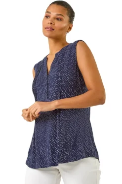 Roman Navy Polka Dot Print Pintuck Vest