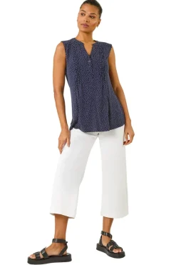 Roman Navy Polka Dot Print Pintuck Vest