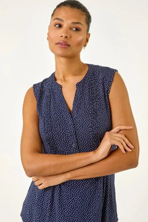 Roman Navy Polka Dot Print Pintuck Vest