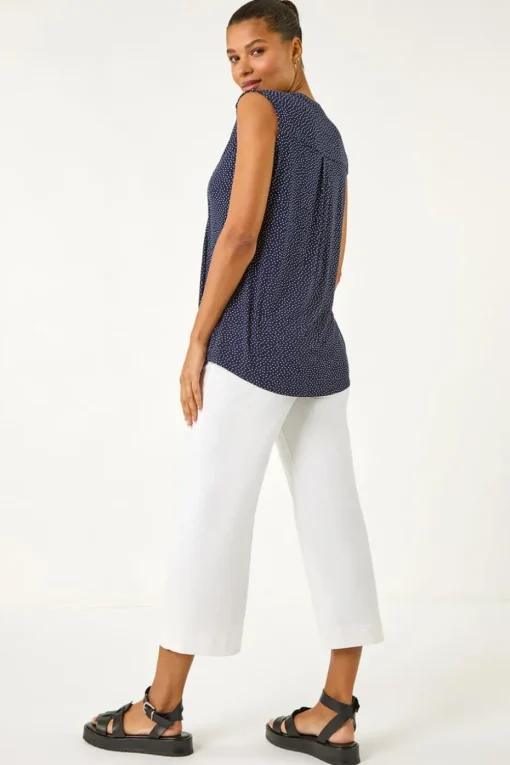 Roman Navy Polka Dot Print Pintuck Vest