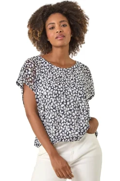 Roman Navy Printed Lace Bubble Hem Top