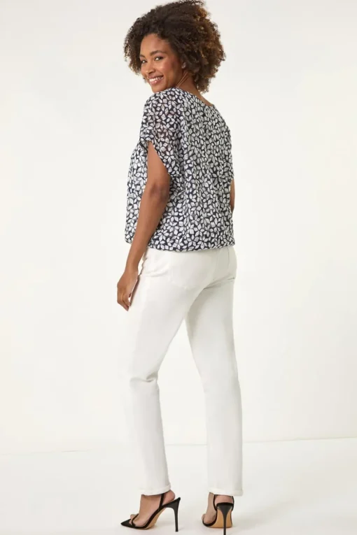 Roman Navy Printed Lace Bubble Hem Top