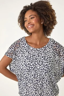 Roman Navy Printed Lace Bubble Hem Top