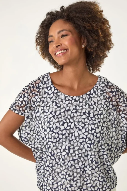 Roman Navy Printed Lace Bubble Hem Top