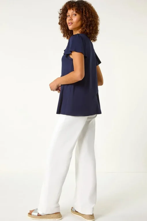 Roman Navy Ruffle Front Stretch Top