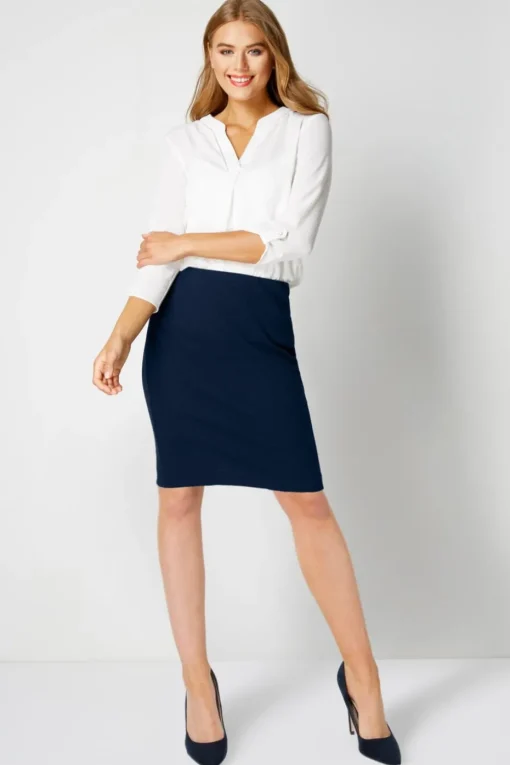 Roman Navy Short Textured Elastic Waist Jersey Skirt