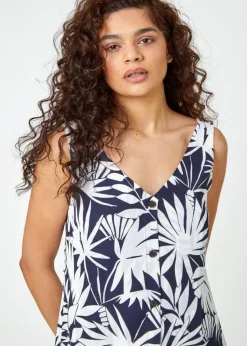 Roman Navy  Sleeveless V-Neck Palm Print Button Cami