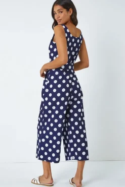 Roman Navy Spot Print Belted Jumpsuit