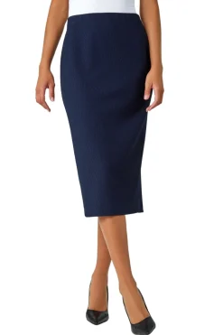 Roman Navy Textured  Elastic Waist Pencil Midi Skirt