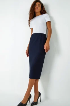 Roman Navy Textured  Elastic Waist Pencil Midi Skirt