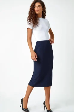 Roman Navy Textured  Elastic Waist Pencil Midi Skirt