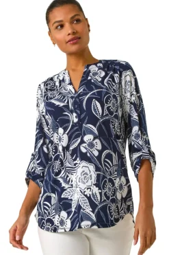 Roman Navy Textured Floral Print V-Neck Stretch Shirt