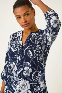 Roman Navy Textured Floral Print V-Neck Stretch Shirt