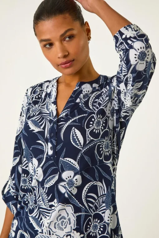 Roman Navy Textured Floral Print V-Neck Stretch Shirt