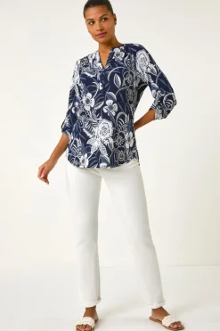 Roman Navy Textured Floral Print V-Neck Stretch Shirt