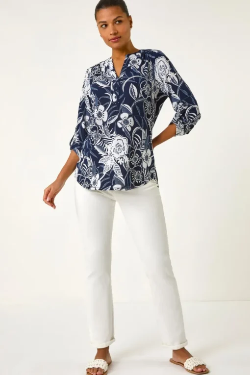 Roman Navy Textured Floral Print V-Neck Stretch Shirt