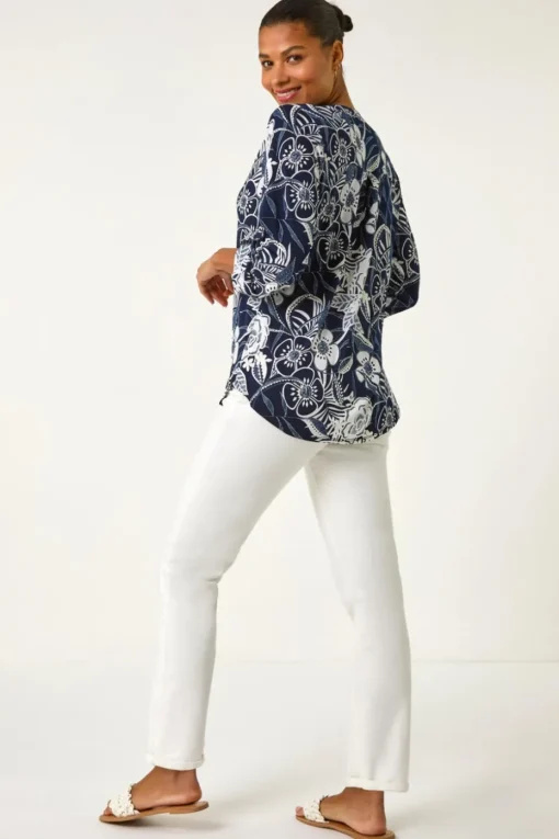 Roman Navy Textured Floral Print V-Neck Stretch Shirt
