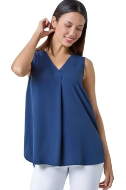 Roman Navy V Neck Sleeveless Pleat Chiffon Vest Top