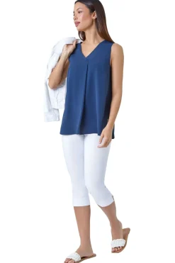 Roman Navy V Neck Sleeveless Pleat Chiffon Vest Top