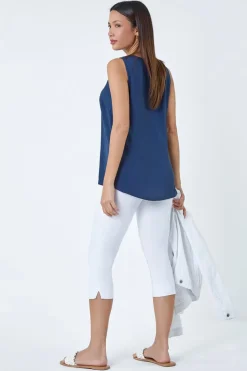 Roman Navy V Neck Sleeveless Pleat Chiffon Vest Top