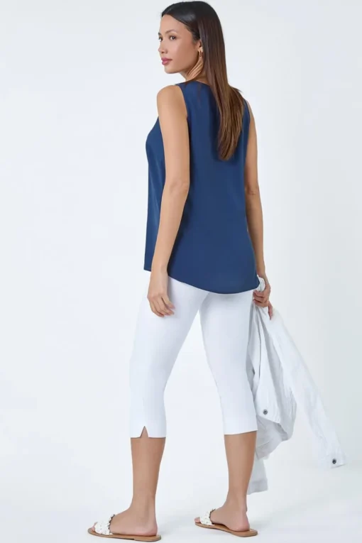 Roman Navy V Neck Sleeveless Pleat Chiffon Vest Top