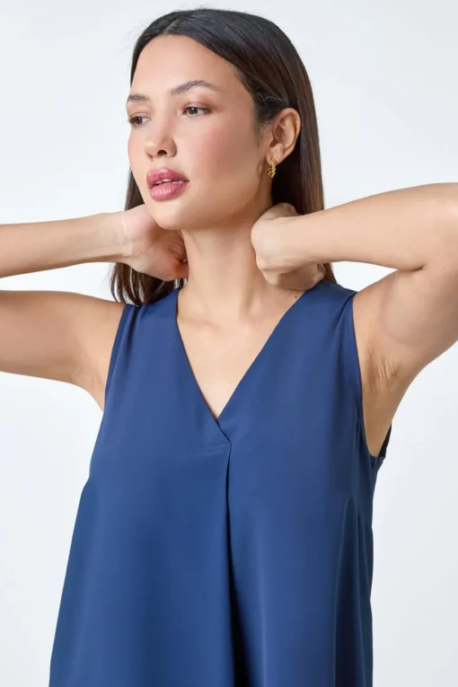 Roman Navy V Neck Sleeveless Pleat Chiffon Vest Top
