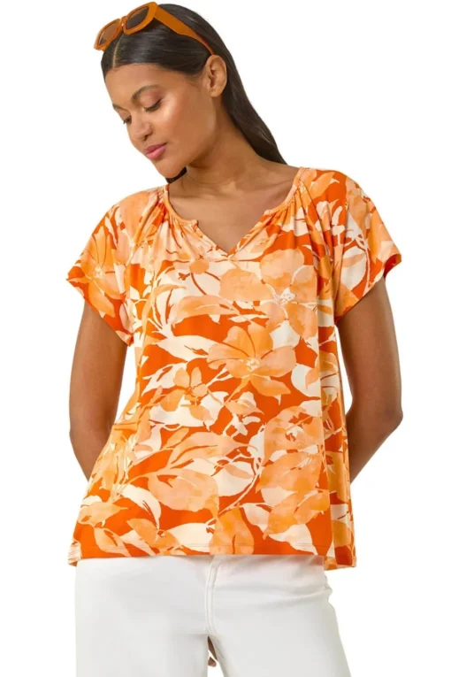Roman Orange Abstract Leaf Print Stretch Top