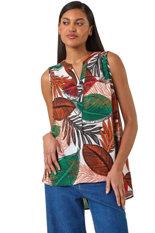 Roman Orange Leaf Print Pleated Vest Top