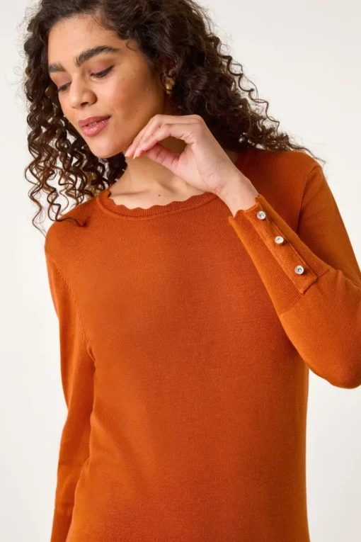Roman Orange Scallop Neck Button Knit Jumper