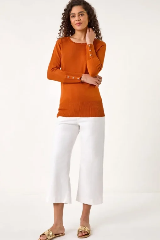Roman Orange Scallop Neck Button Knit Jumper