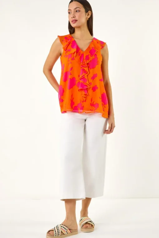 Roman Orange Tropical Print Ruffle Vest Top