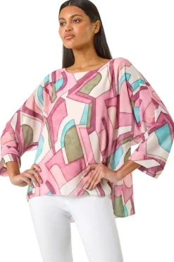 Roman Pink Abstract Print Overlay Tunic Top