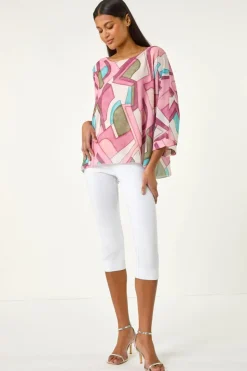 Roman Pink Abstract Print Overlay Tunic Top