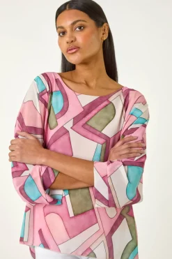 Roman Pink Abstract Print Overlay Tunic Top