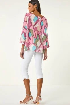 Roman Pink Abstract Print Overlay Tunic Top
