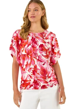 Roman Pink Abstract Ruched Side Stretch Top