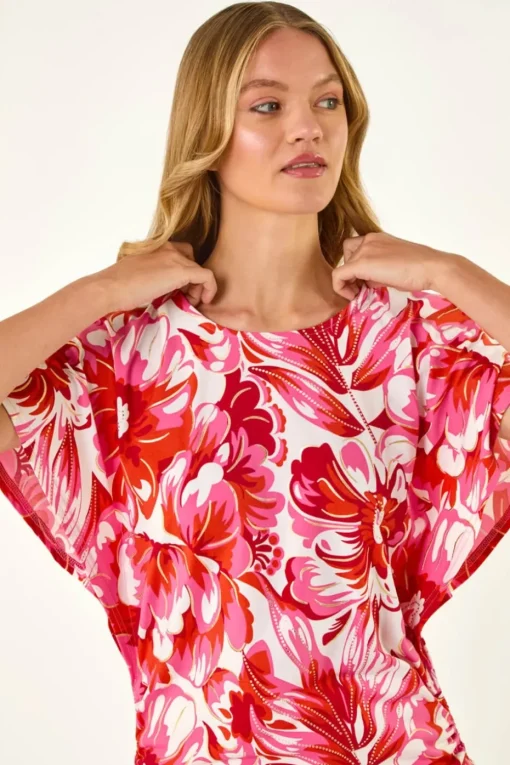Roman Pink Abstract Ruched Side Stretch Top