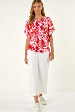 Roman Pink Abstract Ruched Side Stretch Top