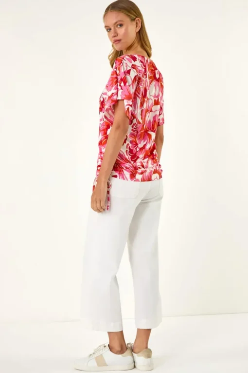 Roman Pink Abstract Ruched Side Stretch Top