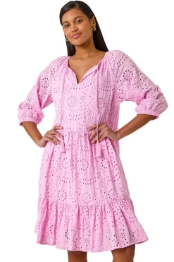 Roman Pink Cotton Broderie Tiered Smock Dress