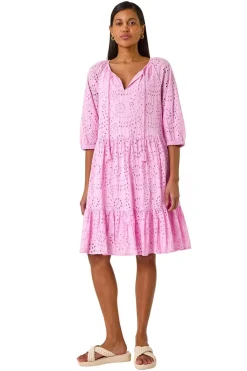 Roman Pink Cotton Broderie Tiered Smock Dress