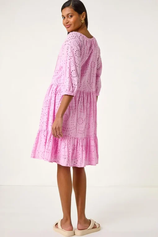 Roman Pink Cotton Broderie Tiered Smock Dress