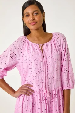 Roman Pink Cotton Broderie Tiered Smock Dress